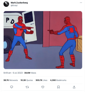 Zuckerberg Tweet with two spidermans pointing at eachother