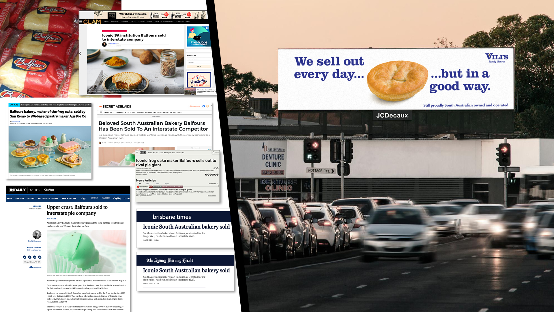 Vili's billboard ad and various press releases from Secret Adelaide, InDaily and The Sydney Morning Herald